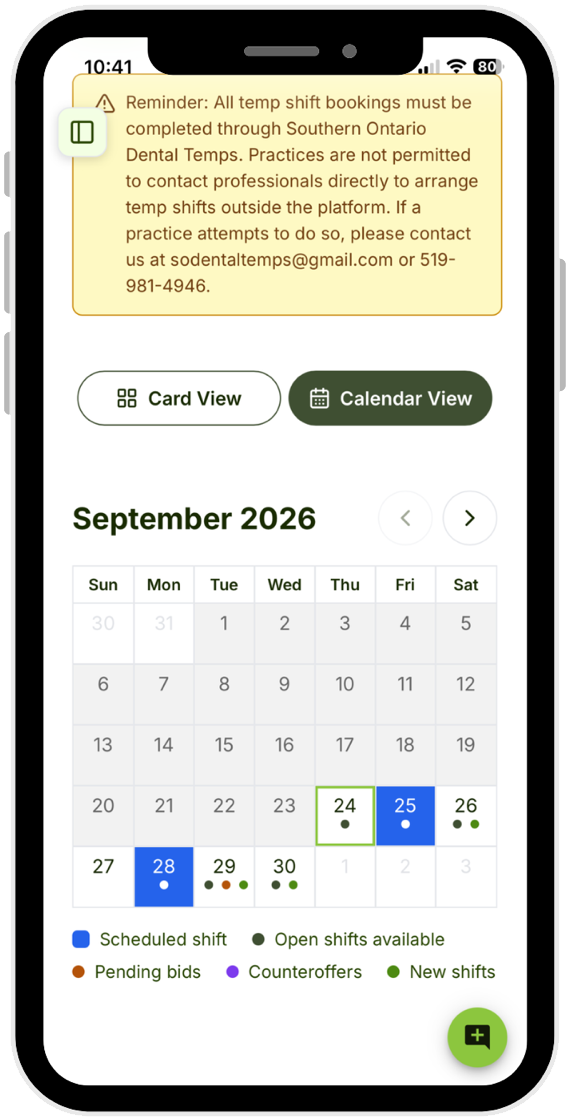 The SODT job board on a phone: the calendar view marking scheduled shifts, open shifts, pending bids and new shifts for the month.