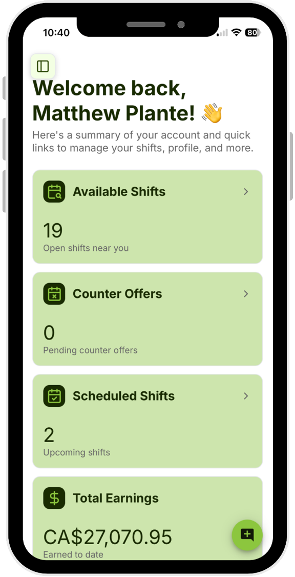 The SODT job board on a phone: the professional's home screen with open shifts, counter offers, scheduled shifts and total earnings.