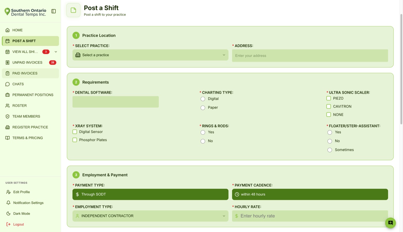 The SODT Post a Shift form with practice location, requirements, and employment and payment sections.