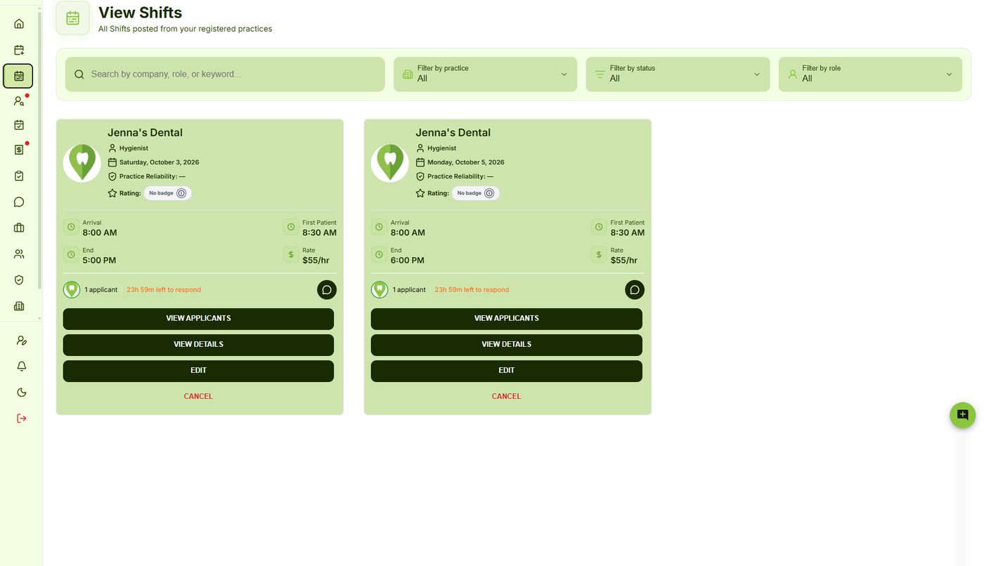 The View Shifts page showing posted shift cards with the number of applicants, time left to respond, and buttons to view applicants, view details, edit or cancel.