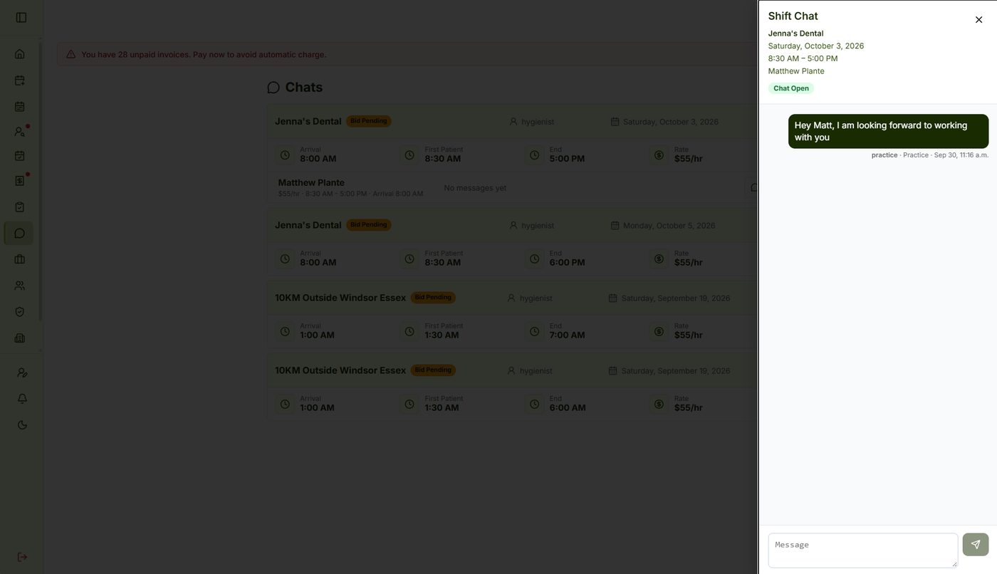 The in-app Shift Chat panel open beside the list of shifts, showing a message from the practice to the professional.