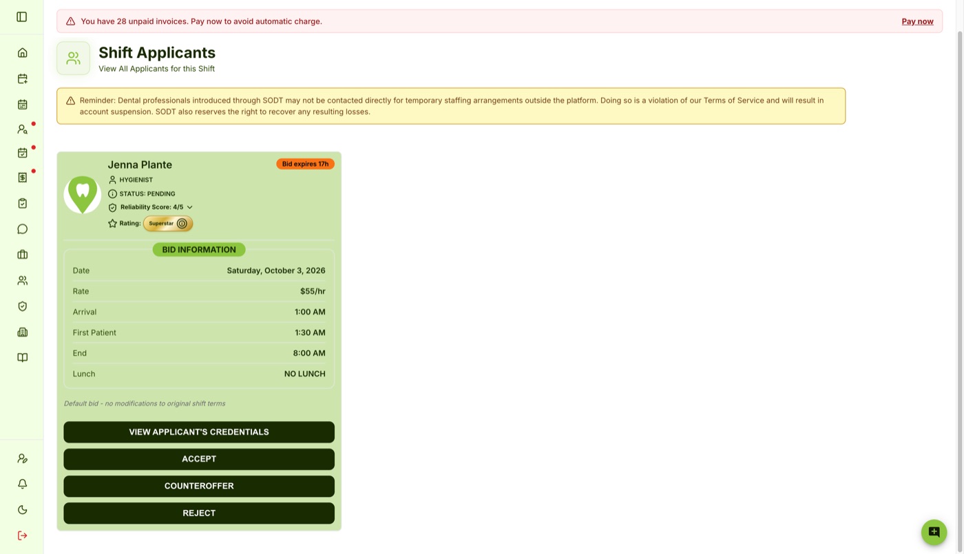 An applicant card showing bid information, reliability score and rating, with Accept, Counteroffer and Reject buttons.
