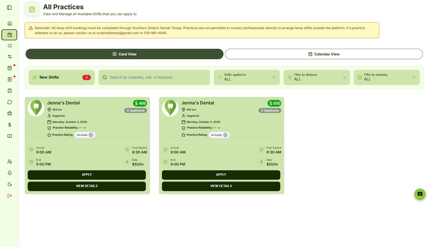 The SODT Available Shifts page showing nearby shift cards with pay, role, date, practice reliability and rating, plus Apply and View Details buttons.