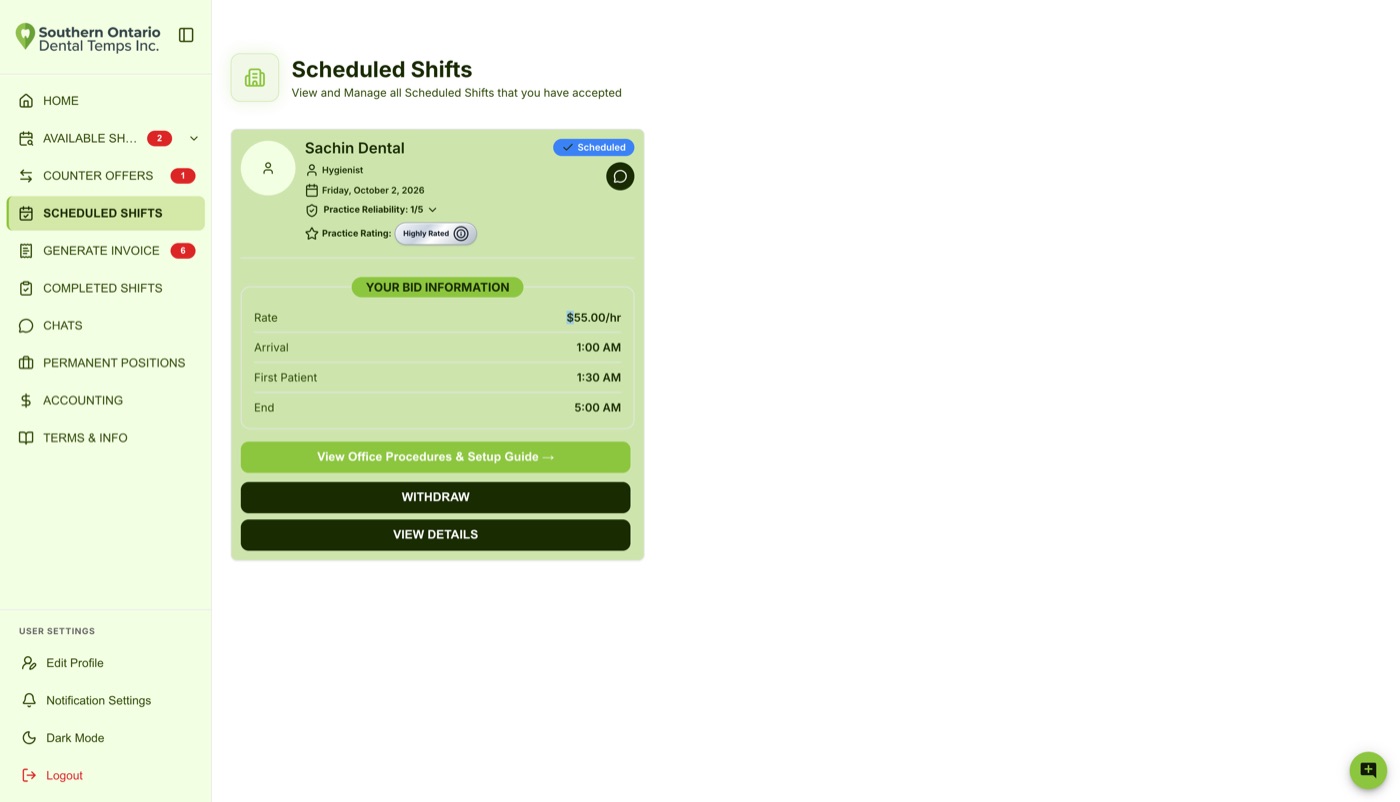 A Scheduled Shifts card showing the practice, bid information and a link to the office procedures and setup guide.