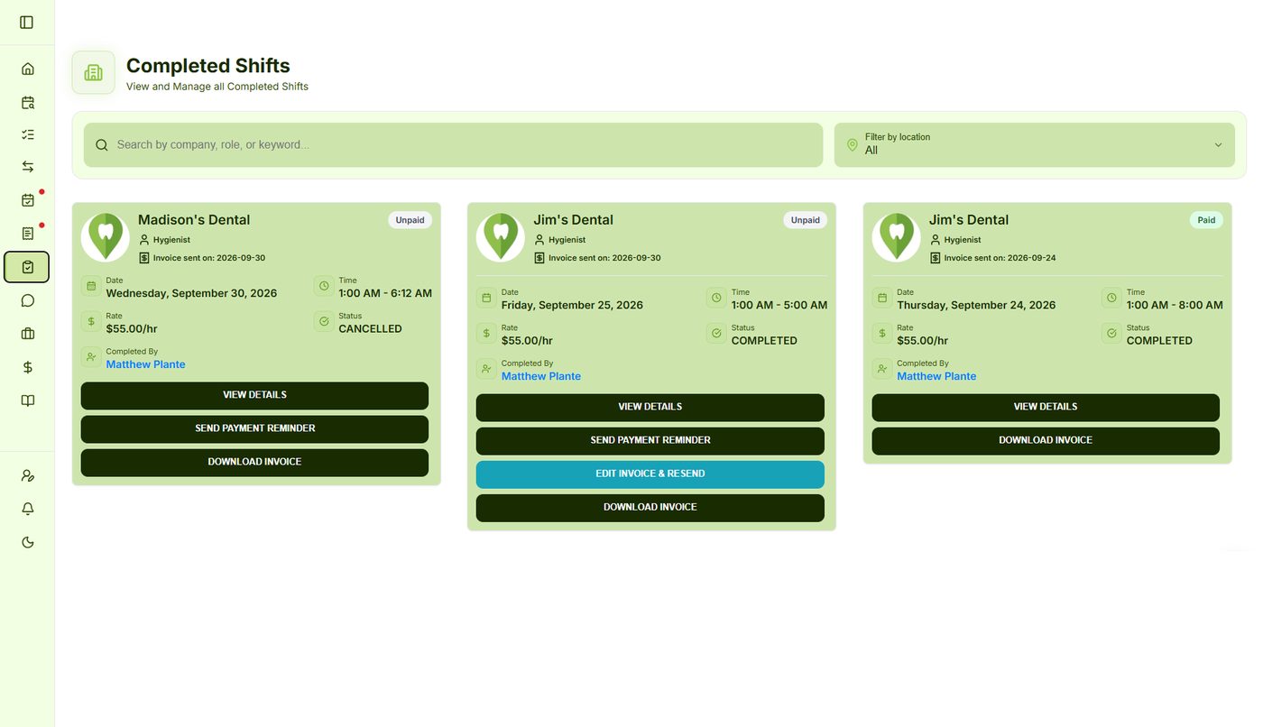 The Completed Shifts page listing past shifts with paid or unpaid invoice status, date, time, rate and shift status, plus buttons to send a payment reminder and download the invoice.